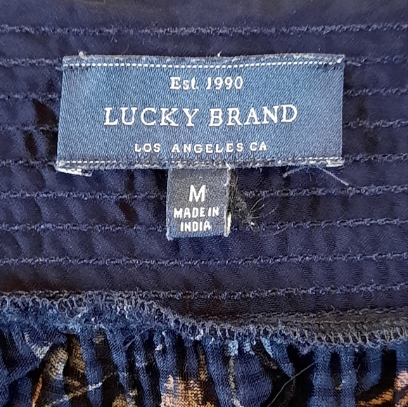 Lucky Brand Blouse Womans Medium Navy Floral Peasant Lightweight Boholemian - Picture 12 of 12